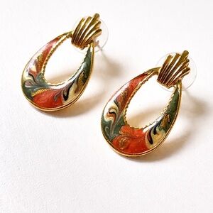 Vintage Gold Tone Enamel Swirl Teardrop Earrings Made in USA Retro Statement